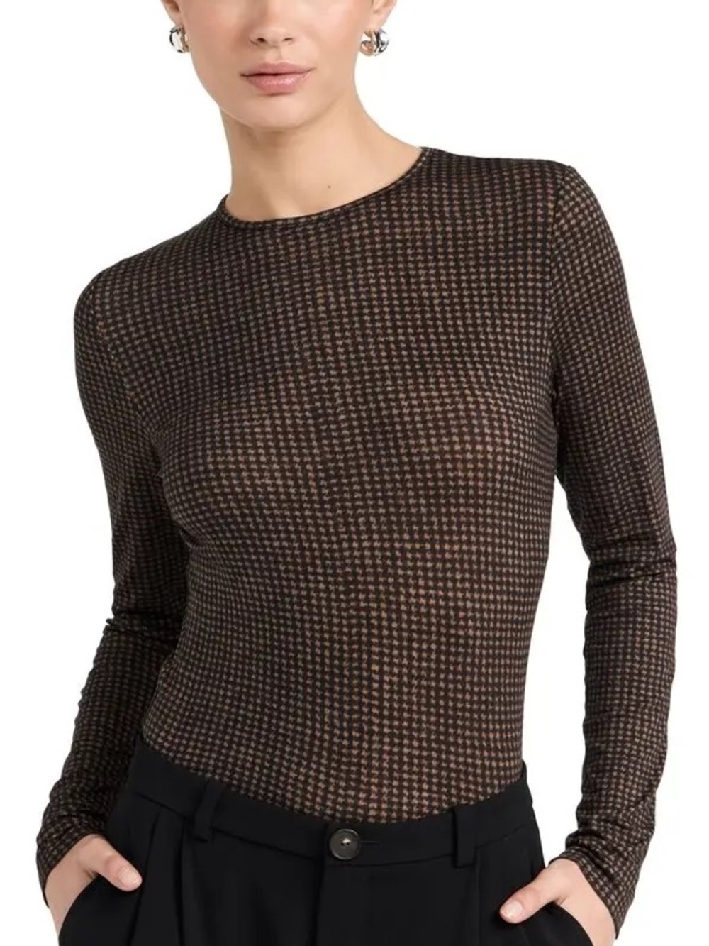 Vince Women’s Brown Patterned Long-Sleeve Crewneck Top